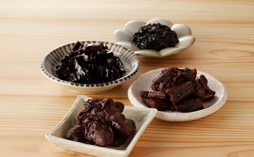 期間限定【柳ばし小松屋】4個入り詰め合わせ（かき佃煮・生のり佃煮・一と口あなご・昆布佃煮）