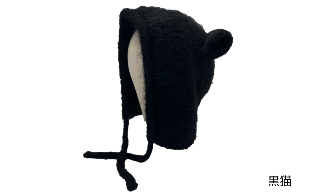 フワフワニット耳付きフード (種類：黒猫) 黒猫