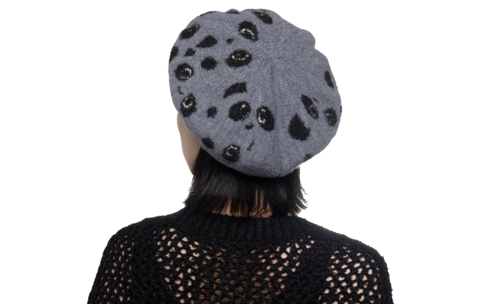 ヒョウ柄風パンダフェイスニットベレー帽 (カラー：グレー) グレー
