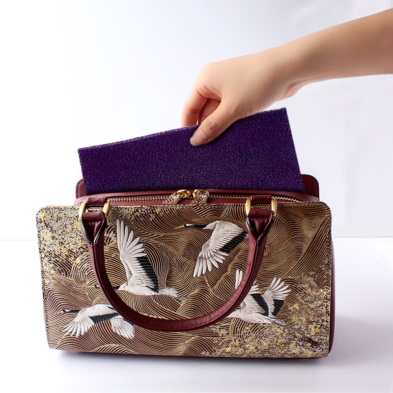 【浅草文庫】利休バッグ〈祝い鶴柄〉(カラー：えんじ) えんじ