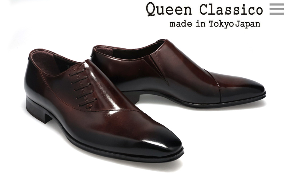 クインクラシコ 革靴 25005S〈ダークブラウン〉 (サイズ：27.0cm) 紳士靴 幅広 甲高 ビジネスシューズ サイドレース エラスティック スリッポン 牛革 ダークブラウン 27.0cm