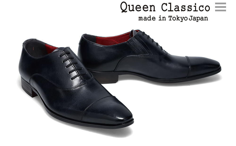 クインクラシコ 革靴 10001 (カラー：ブラック、サイズ：25.5cm) ビジネスシューズ 本革 ストレートチップ 幅広 甲高 キャップトゥ エラスティック スリッポン 牛革 フォーマル ブラック 25.5cm