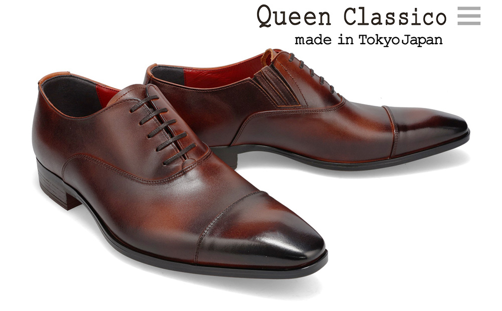 クインクラシコ 革靴 10001 (カラー：ブラウン、サイズ：26.0cm) ビジネスシューズ 本革 ストレートチップ 幅広 甲高 キャップトゥ エラスティック スリッポン 牛革 フォーマル ブラウン 26.0cm