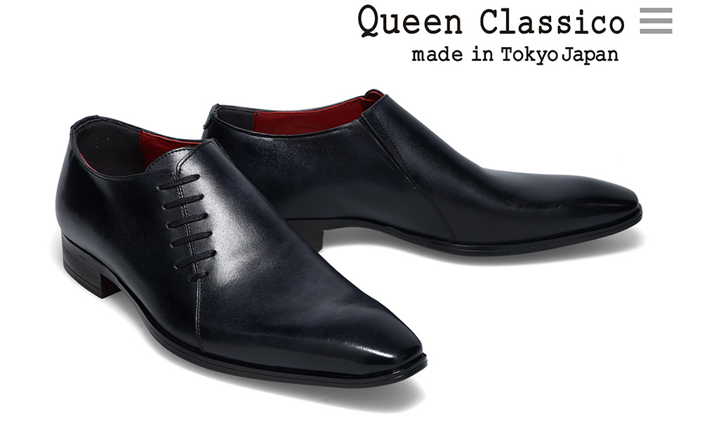 クインクラシコ 革靴 10003 (カラー：ブラック、サイズ：26.5cm) ビジネスシューズ 本革 サイドレース 幅広 甲高  エラスティック スリッポン 牛革 フォーマル ブラック 26.5cm