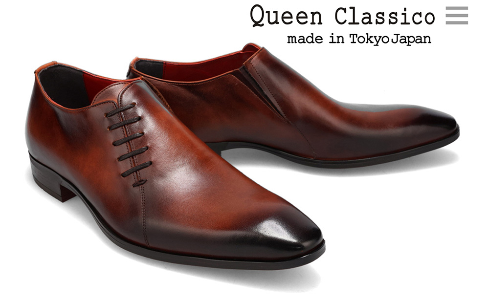 クインクラシコ 革靴 10003 (カラー：ブラウン、サイズ：27.0cm) ビジネスシューズ 本革 サイドレース 幅広 甲高  エラスティック スリッポン 牛革 フォーマル ブラウン 27.0cm