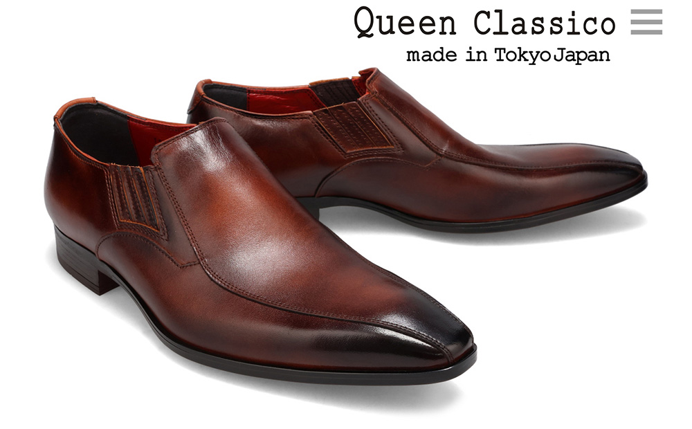 クインクラシコ 革靴 10005 (カラー：ブラウン、サイズ：25.0cm) ビジネスシューズ 本革 バンプ 幅広 甲高  エラスティック スリッポン 牛革 フォーマル ブラウン 25.0cm