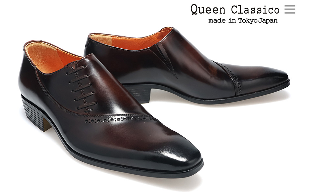 クインクラシコ 革靴 17003 (カラー：ダークブラウン、サイズ：27.0cm) ビジネスシューズ 本革 サイドレース 幅広 甲高  エラスティック スリッポン 牛革 フォーマル ダークブラウン 27.0cm