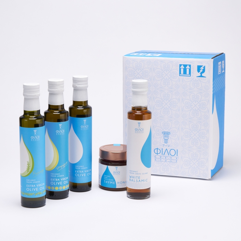 地中海の国・ギリシャのオーガニック製品詰め合わせ(オリーブオイル3種・ホワイトバルサミコ酢・タイムハニー)