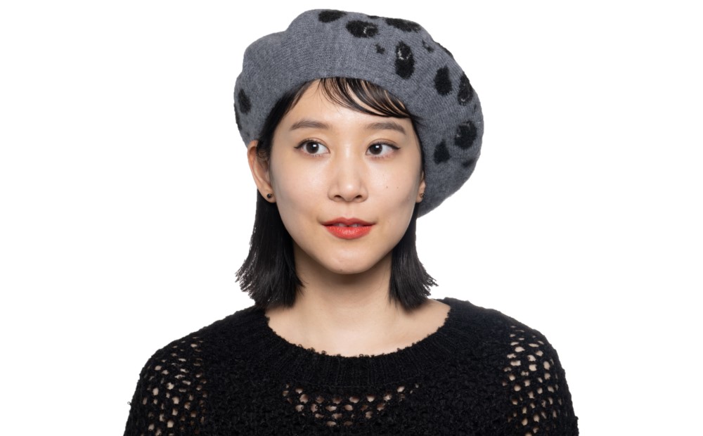 ヒョウ柄風パンダフェイスニットベレー帽 (カラー：グレー) グレー