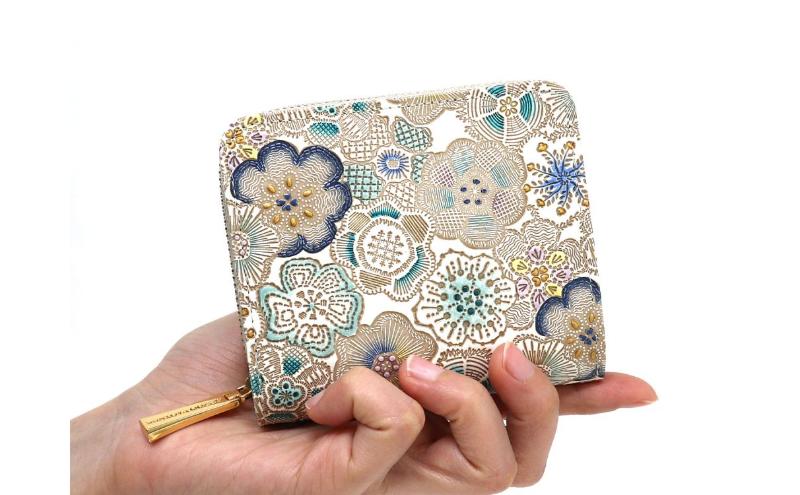 【文庫屋大関】二つ折りファスナーミニ財布 春らんまん＜瑠璃＞【皮革工芸品】財布 二つ折り 小物 お札 カード 小銭 コンパクト 牛革 手作り 日本製 墨田区 東京都