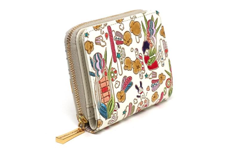 【文庫屋大関】二つ折りファスナーミニ財布 弾けるもろこしガール【皮革工芸品】財布 二つ折り 小物 お札 カード 小銭 コンパクト 牛革 手作り 日本製 墨田区 東京都