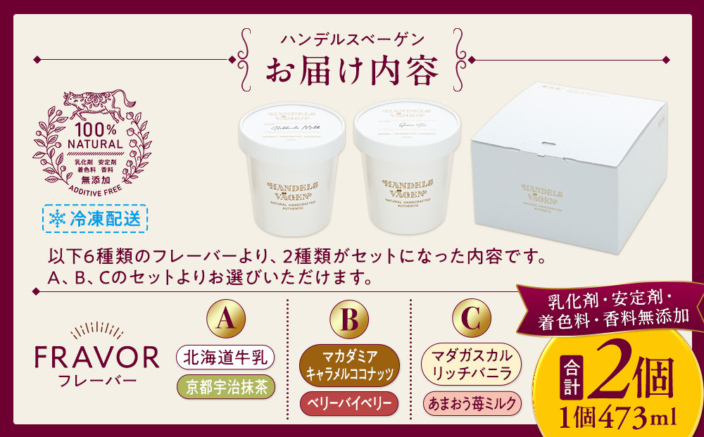 A:ハンデルスベーゲン無添加アイスクリーム/たっぷり入ったパイントサイズ2個入り（北海道牛乳・京都宇治抹茶） パーティー 家族 大容量 抹茶 北海道牛乳