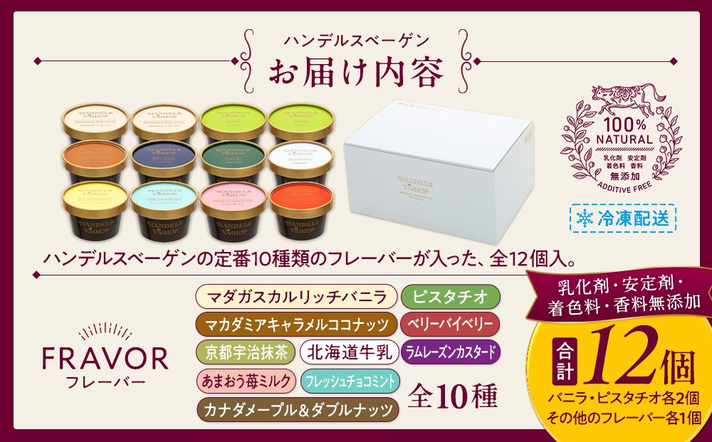 ハンデルスベーゲン無添加濃厚アイスクリーム12個セット 高級最高品質/北海道牛乳使用 おすすめ/送料無料 スイーツギフト詰め合わせバニラ/抹茶/ベリー/ヨーグルト/ピスタチオ/ラムレーズン/ナッツ/チョコミント/あまおう｜神奈川県 横浜市