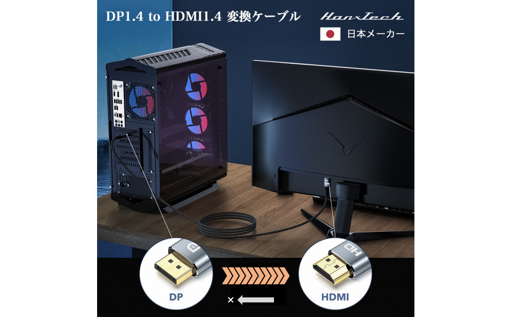 Hanx-Tech DP1.4 to HDMI1.4 変換ケーブル 2m