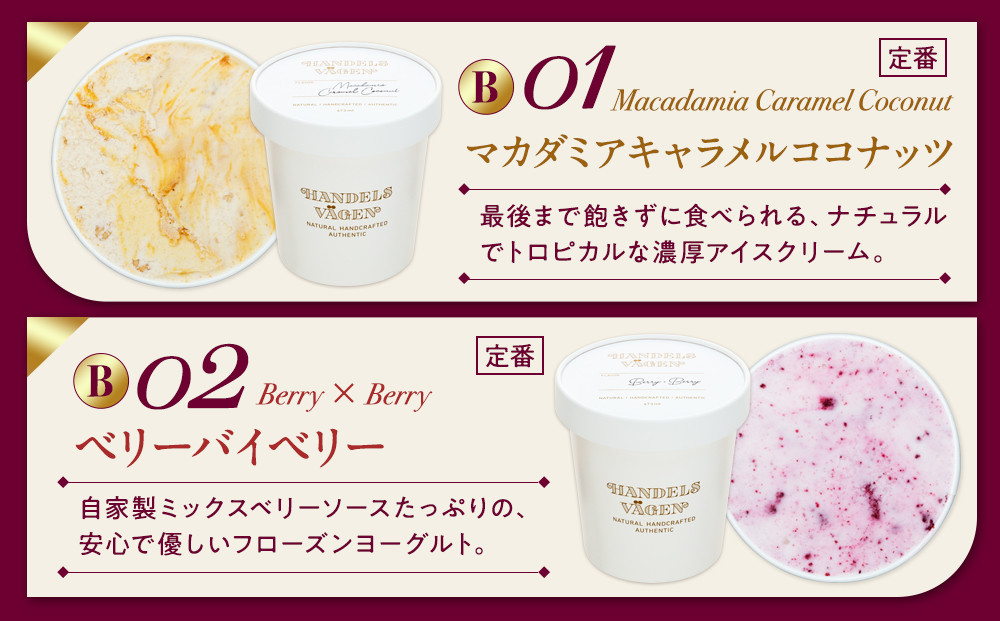 B:ハンデルスベーゲン無添加アイスクリーム/たっぷり入ったパイントサイズ2個入り（マカダミアキャラメルココナッツ・ベリーバイベリー） パーティー 家族 大容量 キャラメル ベリー ヨーグルト