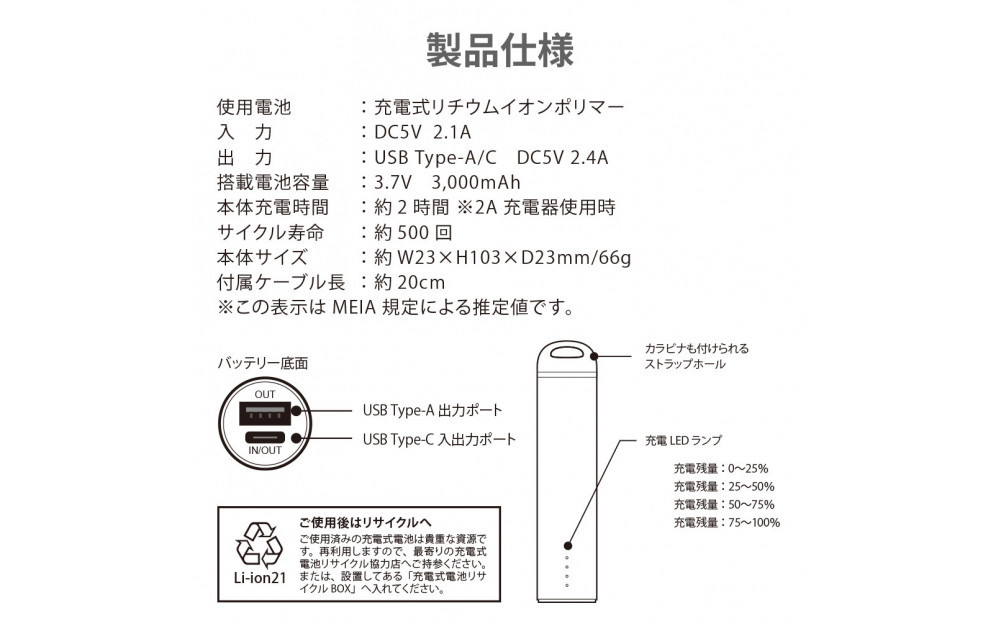 【アイボリー】スティック型モバイルバッテリー 3000mAhPG-LBJ30A