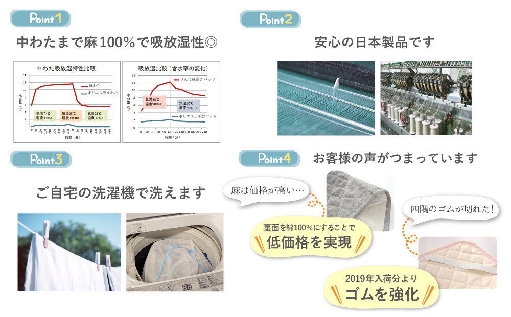 【ラベンダー】麻わた入りフレンチリネン麻敷きパッド　りんね　シングルサイズ　100×200cm