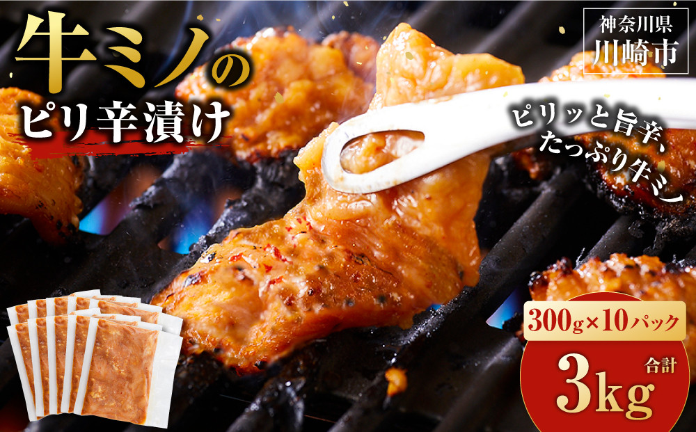 牛ミノ ピリ辛漬け 3kg ( 300g × 10パック ) 小分け 個包装 便利 牛肉 ホルモン ミノ 焼肉 焼き肉 お肉 肉 焼くだけ 冷凍 たれ 味付き BBQ アウトドア キャンプ 人気 おすすめ 神奈川 川崎【2026年8月発送】 【2026年8月発送】 3kg ( 300g × 10パック )