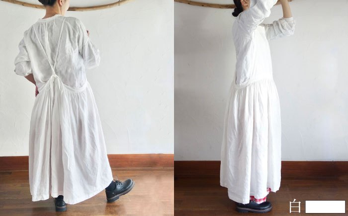 【選べるカラー】ギャザーたっぷりリネンのエプロンワンピース(紐調整)【Jonico.handwork】 [AKGD003] 白