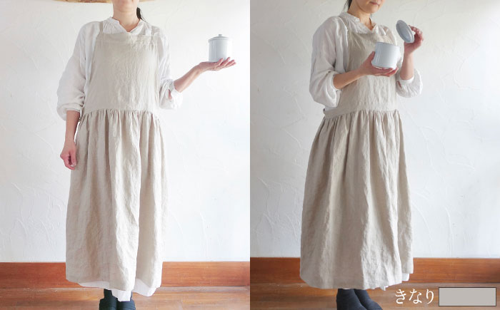 【選べるカラー】ギャザーたっぷりリネンのエプロンワンピース(紐調整)【Jonico.handwork】 [AKGD003] 白