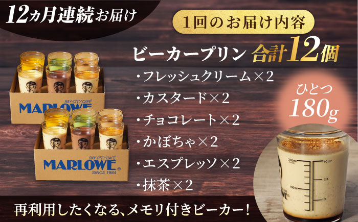 【全12回定期便】葉山ビーカープリン パーティーアソート セット 6種×2個 詰め合わせ（カスタード・かぼちゃ・抹茶・北海道フレッシュクリーム・エスプレッソ・チョコレート）【マーロウ】 [AKAF049]