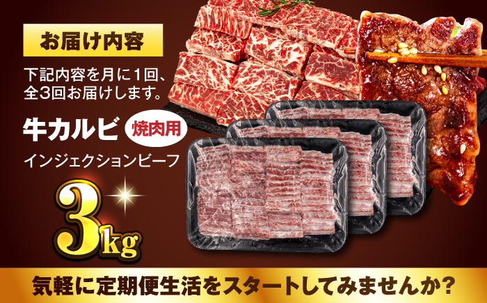 【全3回定期便】牛カルビ 3kg 焼肉用 ギフト ジューシー やわらか 人気 冷凍 バーベキュー BBQ キャンプ アウトドア インジェクション【コロワイドMD神奈川工場】 [AKAH021]