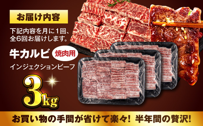 【全6回定期便】牛カルビ 3kg 焼肉用 ギフト ジューシー やわらか 人気 冷凍 バーベキュー BBQ キャンプ アウトドア インジェクション【コロワイドMD神奈川工場】 [AKAH022]