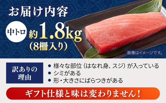 【年内発送の受付は12月24日まで！】【訳あり】天然 まぐろ 中トロ メバチ 計約1.8kg (8柵入り) 年内発送 【横須賀商工会議所 おもてなしギフト事務局（本まぐろ直売所 横須賀本店）】[AKAK011]