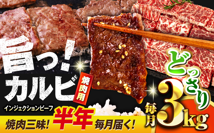 【全6回定期便】牛カルビ 3kg 焼肉用 ギフト ジューシー やわらか 人気 冷凍 バーベキュー BBQ キャンプ アウトドア インジェクション【コロワイドMD神奈川工場】 [AKAH022]