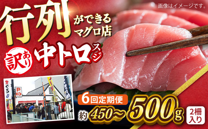 【全6回定期便】【訳あり】天然 本まぐろ 中トロ（約450～500g（2柵入り））【横須賀商工会議所 おもてなしギフト事務局（本まぐろ直売所 横須賀本店）】 [AKAK088]