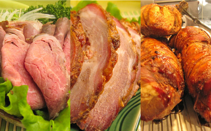 ローストビーフ・焼豚・骨なしスペアリブ 3点セット（牛刺し風ローストビーフ：380g、焼豚：360g、骨なしスペアリブ：300g）【横須賀商工会議所 おもてなしギフト事務局（有限会社田浦中央食品）】 [AKEO001]