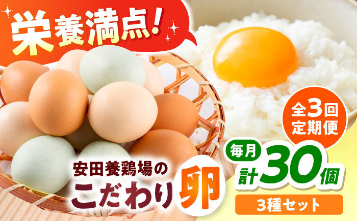 【全3回定期便】安田養鶏場の卵 3種セット しおさい アトムくん タフラン 30個入り（各10個入り） 横須賀市 産地直送 割れ保証付き たまご 黄身 濃厚 卵 玉子 タマゴ 鶏卵 【安田養鶏場】 [AKHN011]