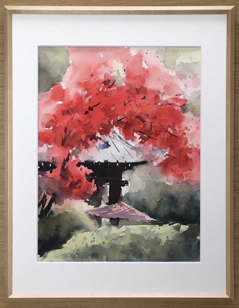 【紅（海蔵寺）】鎌倉の風景水彩画　[A3サイズ複製・額付]