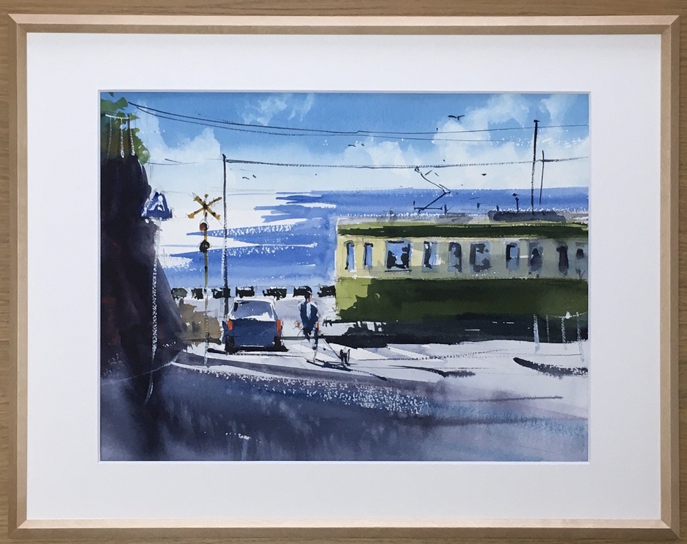 【鎌倉高校前】鎌倉の風景水彩画[A４サイズ複製・額付]