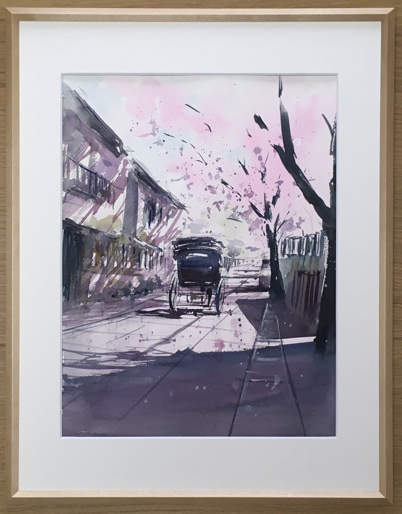 【桜舞う（鎌倉幕府跡）】鎌倉の風景水彩画[A４サイズ複製・額付]