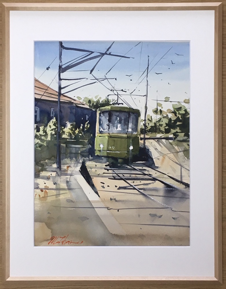 【風を切って（腰越）】鎌倉の風景水彩画[A４サイズ複製・額付]