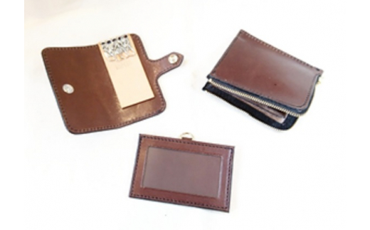 本革 小物 3点セット ブラウン ( L字財布・キーケース IDケース ) 牛革 栃木レザー 財布 サイフ さいふ saifu 手縫い ハンドメイド 革専門店 手作り SNAKER-handicraft 神奈川 湘南 藤沢
