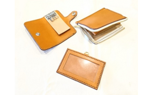 本革 小物 3点セット キャメル ( L字財布・キーケース IDケース ) 牛革 栃木レザー 財布 サイフ さいふ saifu 手縫い ハンドメイド 革専門店 手作り SNAKER-handicraft 神奈川 湘南 藤沢