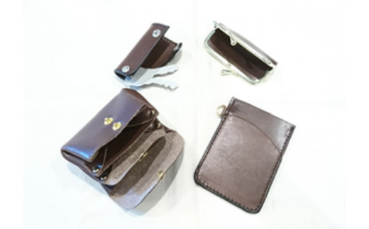 本革 小物 4点セット ブラウン ( もこもこコインケース・印鑑ケース・スルーパスケース・ミニキーケース ) 牛革 栃木レザー 財布 サイフ さいふ saifu 手縫い ハンドメイド 革専門店 手作り SNAKER-handicraft 神奈川 湘南 藤沢