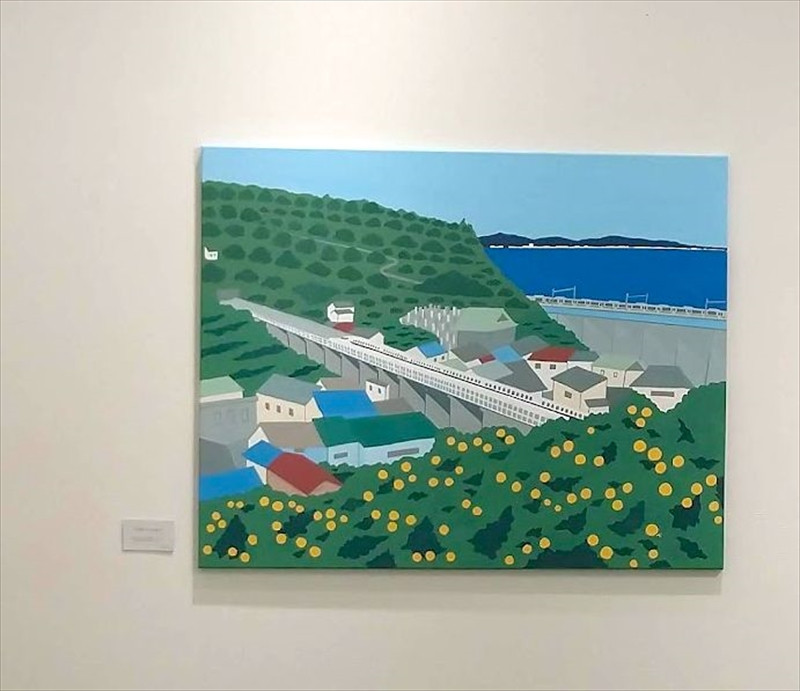 原画「石橋からの景色」【キャンパス原画 キャンパス 小田原 石橋　風景 みかん 山 相模湾 新幹線 803x1000x20mm 絵画 風景絵画 アート作品 屋内装飾 神奈川県 小田原市 】