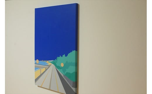 原画【帰り道】オリジナル風景画　キャンバス ペインティング　小田原出身在住イラストレーターの作品　心象風景　子供の頃見た風景　海　空　山