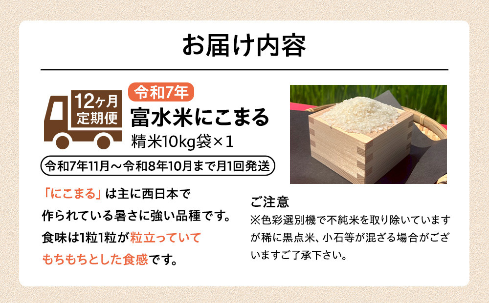 令和7年産　毎月お届け　定期便　富水米　精米　10kg×12か月　にこまる