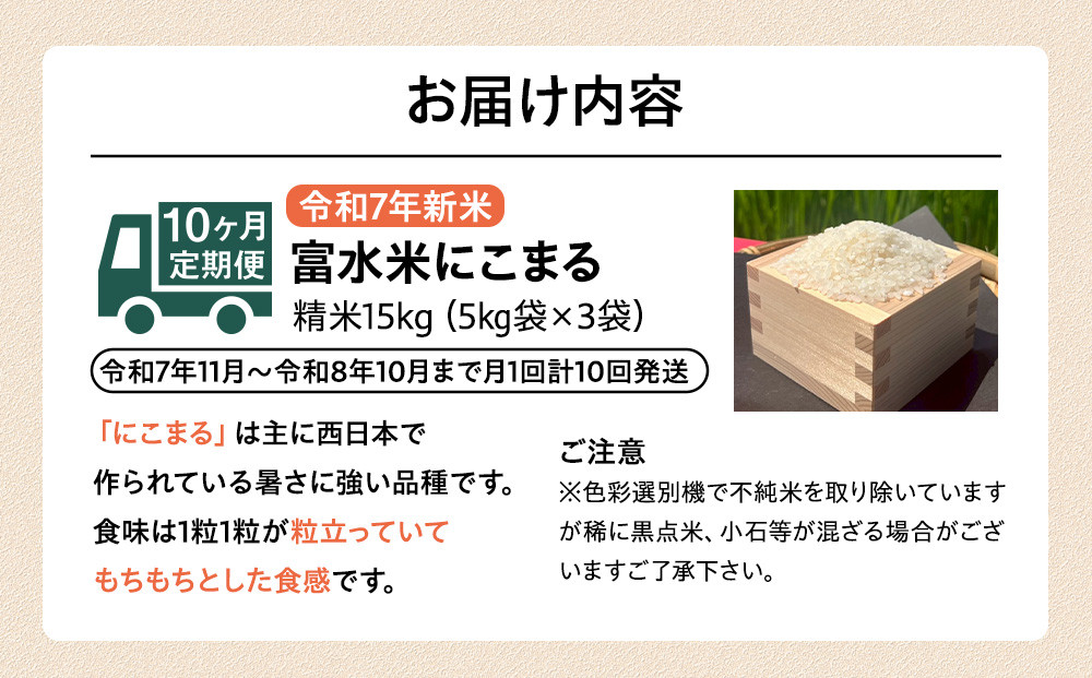 令和7年新米毎月お届け　定期便　富水米　精米　15kg×10か月　にこまる