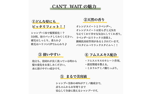 キャントウェイトシャンプー(300ml)【ヘアケア ボリューム ツヤ髪 ダメージケア　頭皮 ボディーソープ 美髪ケア 頭皮ケア オールインワンシャンプー ギフト 誕生日 プレゼント サロン級のヘアケア 美容液シャンプー 神奈川県 小田原市 】