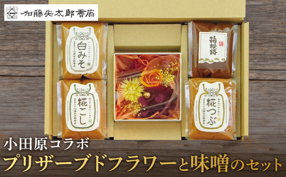小田原コラボ　プリザーブドフラワーと味噌のセット【みそ 味噌 ミソ 白みそ 糀こし 糀つぶ 赤みそ 合わせ 箱根路 贈答品 贈り物 詰合せセット 神奈川県 小田原市 】