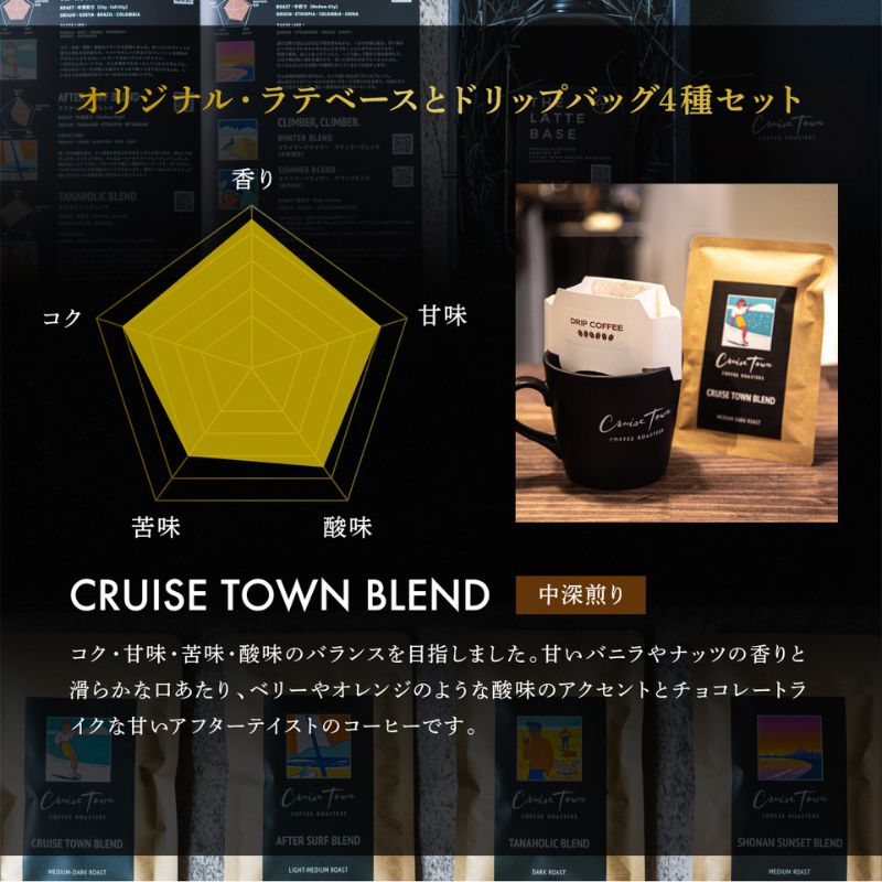 定期便 隔月 4回【茅ヶ崎のスペシャルティコーヒー専門ロースター】CRUISE TOWN COFFEE ROASTERS オリジナル・ラテベースとドリップバッグ4種セット 飲料 コーヒー豆 ナッツの香り 優しい酸味 コク