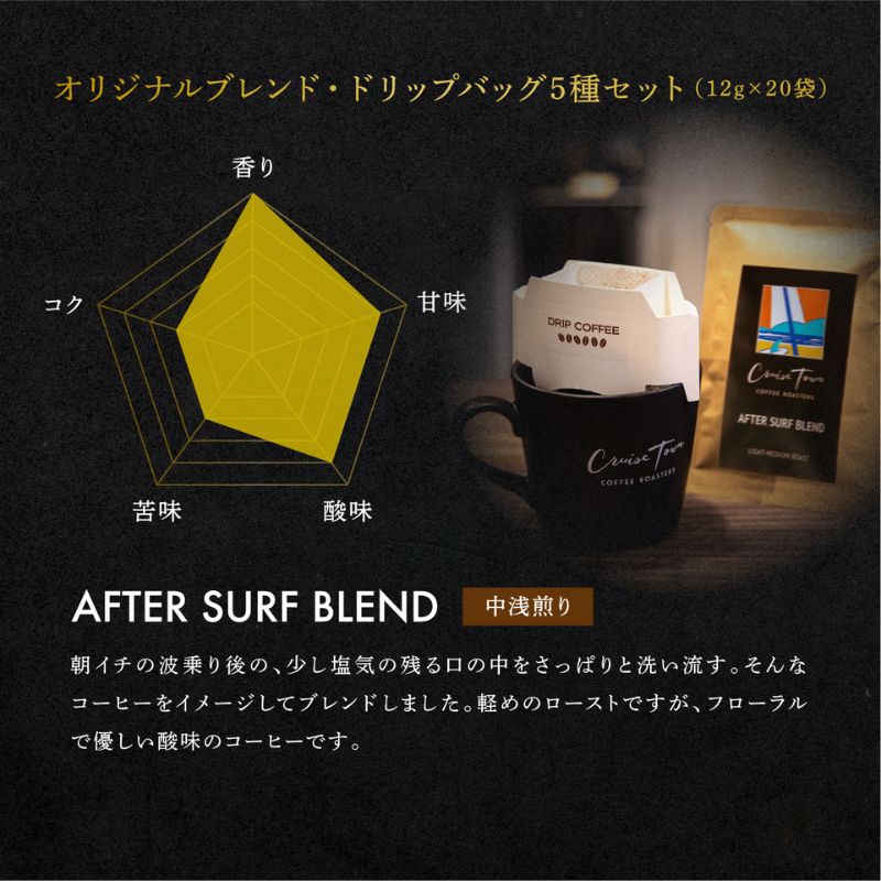 6ヵ月定期便【CRUISE TOWN COFFEE ROASTERS】オリジナルブレンド・ドリップバッグ5種セット（12g×20袋） 飲み物 飲料 ドリンク コーヒーブレイク ドリップコーヒー 手軽
