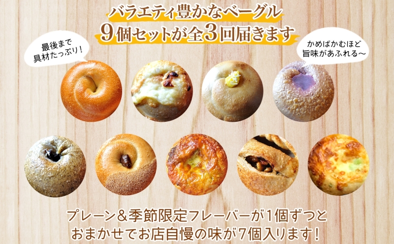 【定期便】ザ・まるなかベーグル 9個×3か月 セット ベーグル 詰め合わせ 食べ比べ もちもち フィリングたっぷり 中身ぎっしり 自家製 手作り パン モーニング ランチ 定期便 3か月 個装 個包装 冷凍 保存 朝食 昼食 ベーグル専門店 時短
