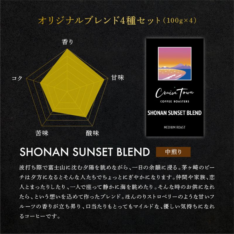 定期便 隔月 4回【茅ヶ崎のスペシャルティコーヒー専門ロースター】CRUISE TOWN COFFEE ROASTERS オリジナルブレンド4種セット（100g×4） コーヒー豆 飲み物 飲料 ドリンク コーヒーブレイク 飲み比べ