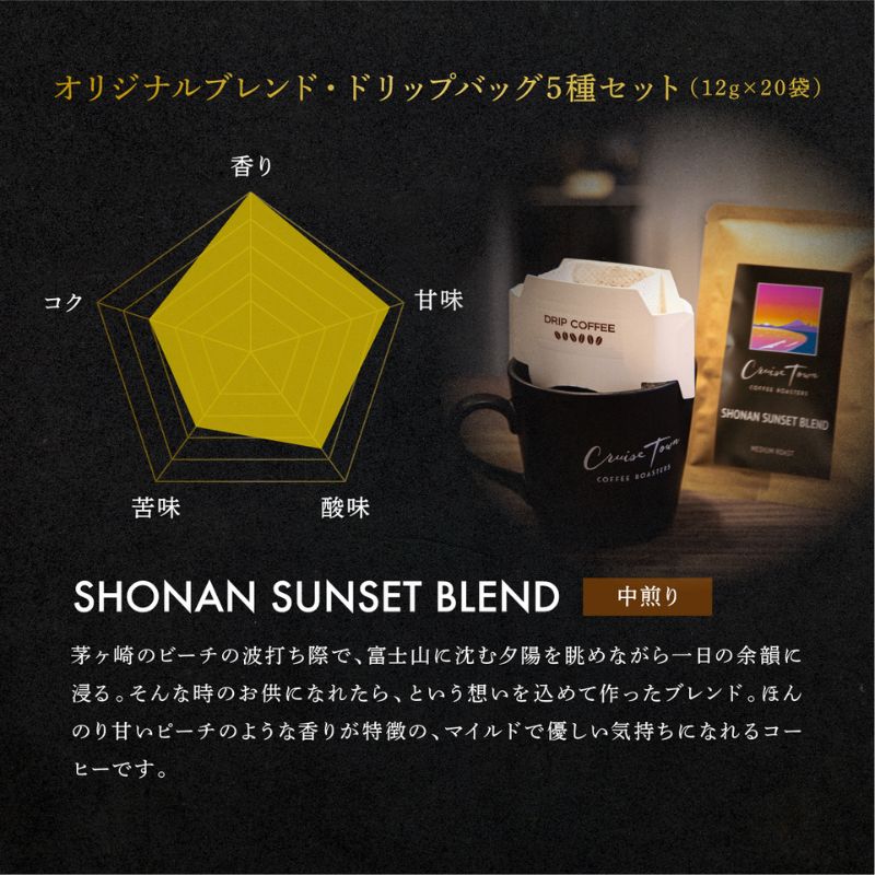 定期便 隔月 3回【CRUISE TOWN COFFEE ROASTERS】オリジナルブレンド・ドリップバッグ5種セット（12g×20袋） 飲み物 飲料 ドリンク コーヒーブレイク ドリップコーヒー 手軽